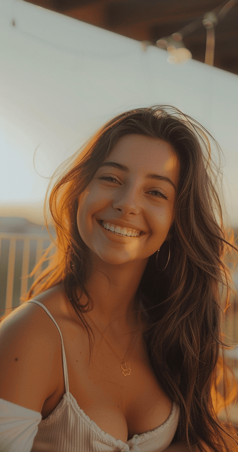 Midjourney prompt: Instagram photo, beautiful woman smiling, in the s... - Midjourney