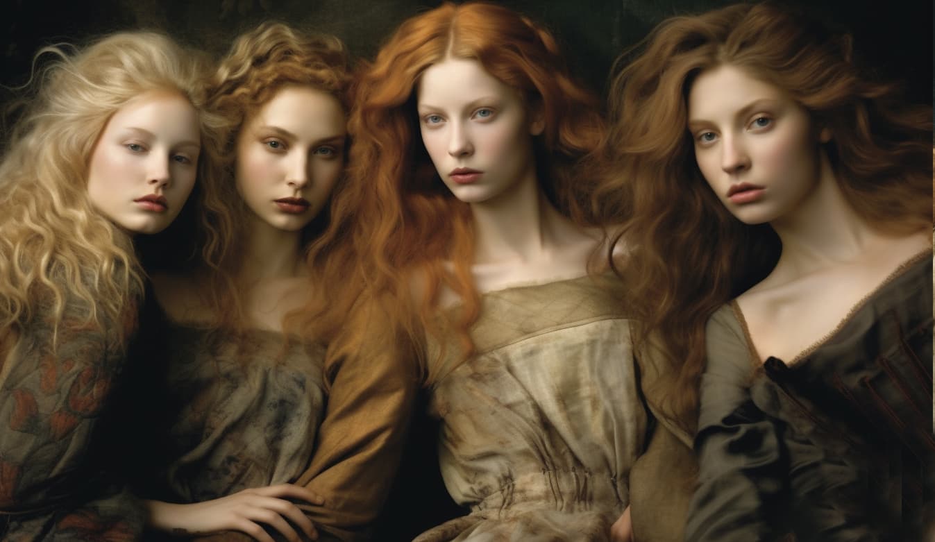 Midjourney prompt: a group of women sitting next to each other, by An... - Midjourney