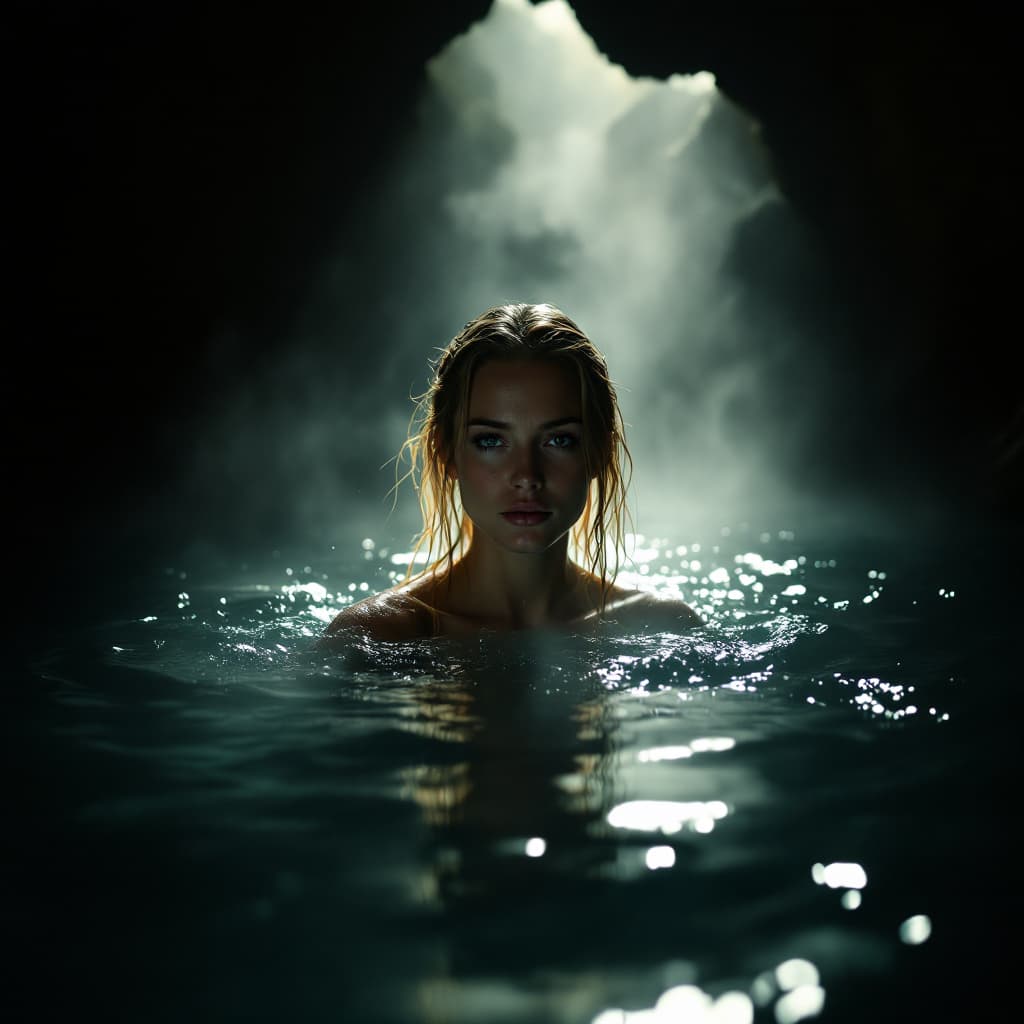 FLUX prompt: hot spring inside a dimly lit cave, steam rises fr... - FLUX