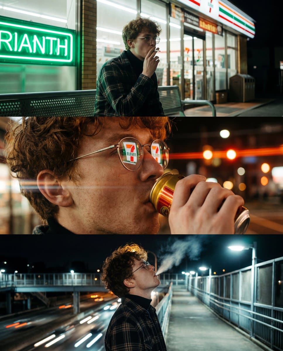 A vertical triptych of three cinematic, night-time... - PromptHero