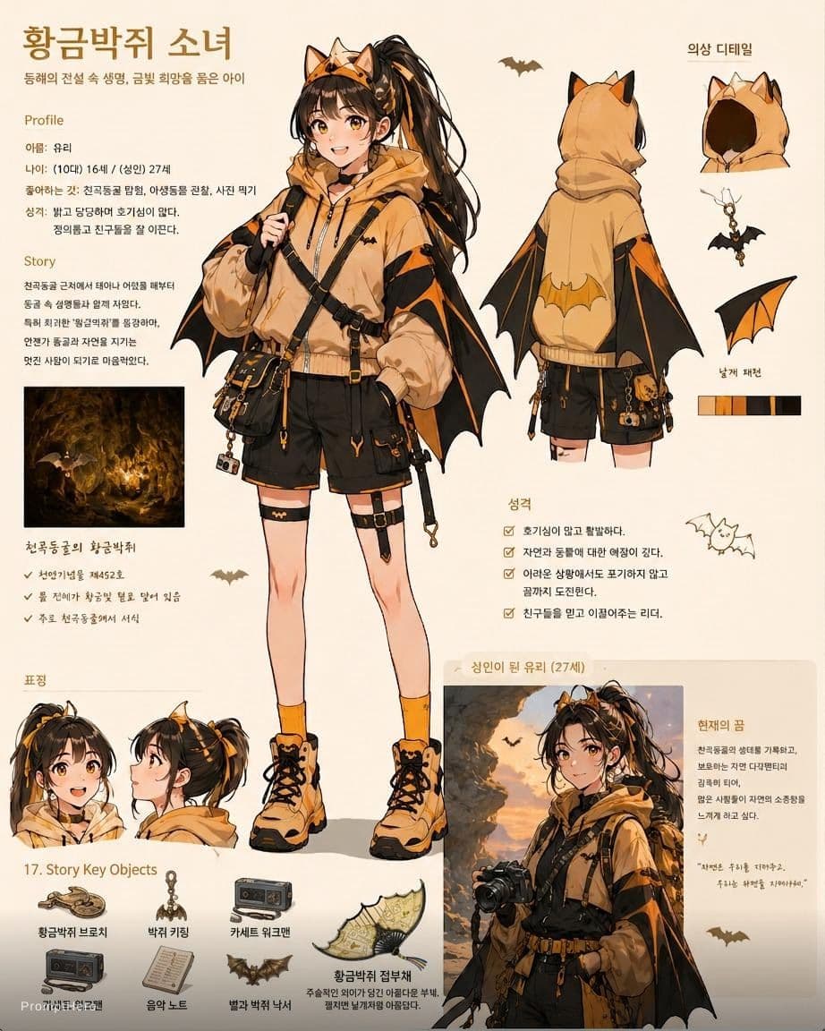Hero prompt: 업로드한 이미지로 캐릭터시트를 완성해줘 - Hero