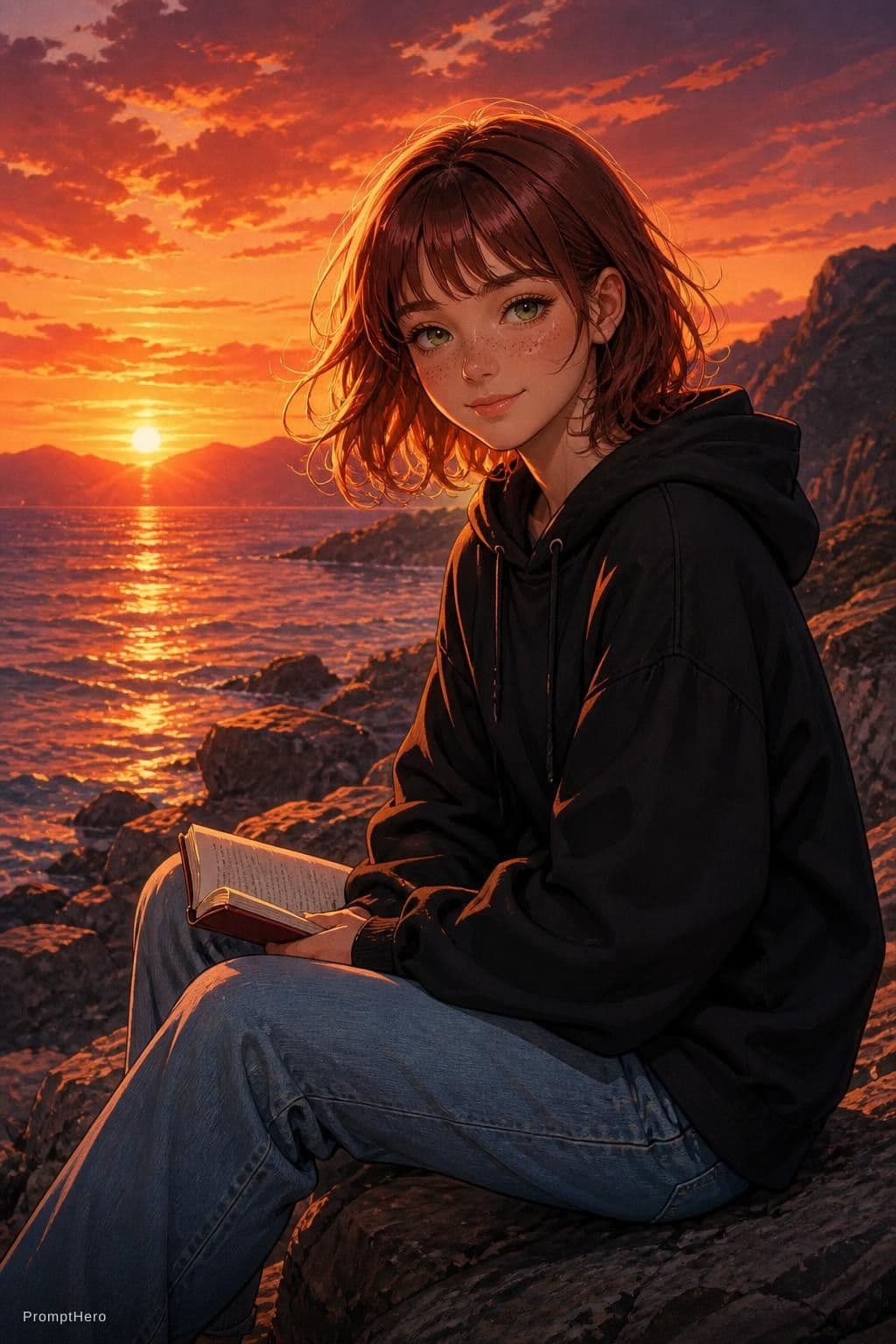 ChatGPT Image prompt: Anime-style illustration of a girl with short redd... - ChatGPT Image