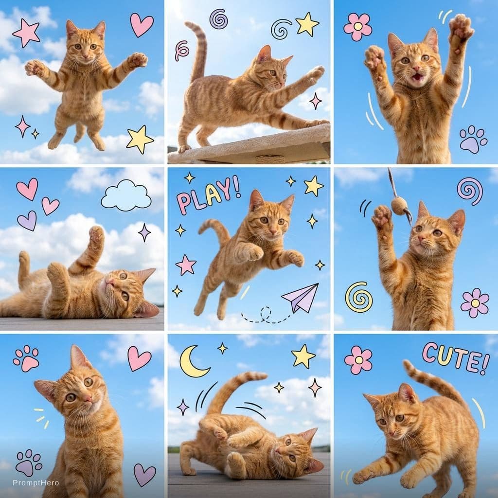 Hero prompt: A playful cat featured in a 3x3 collage grid, each... - Hero