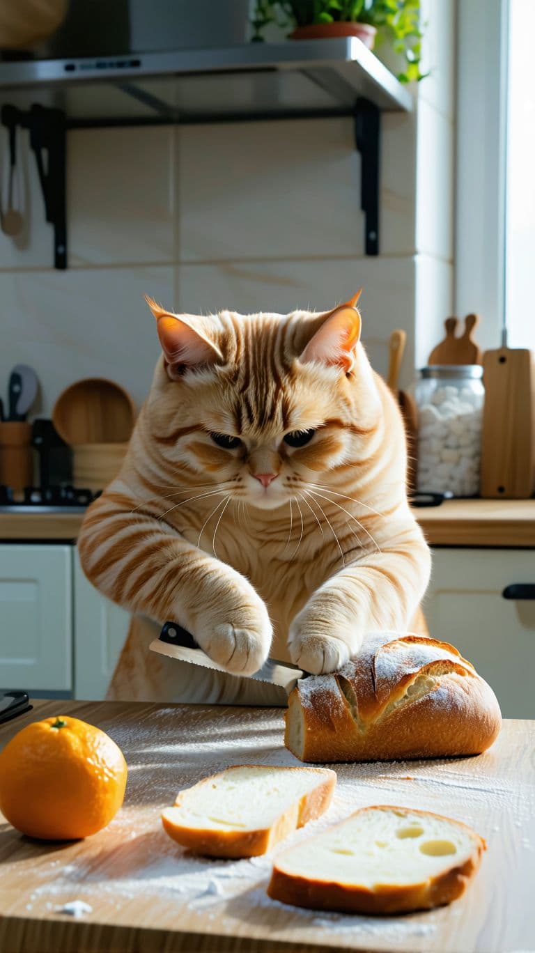 Stable Diffusion prompt: Orange lazy cute fat cat is cutting a bread in the - Stable Diffusion