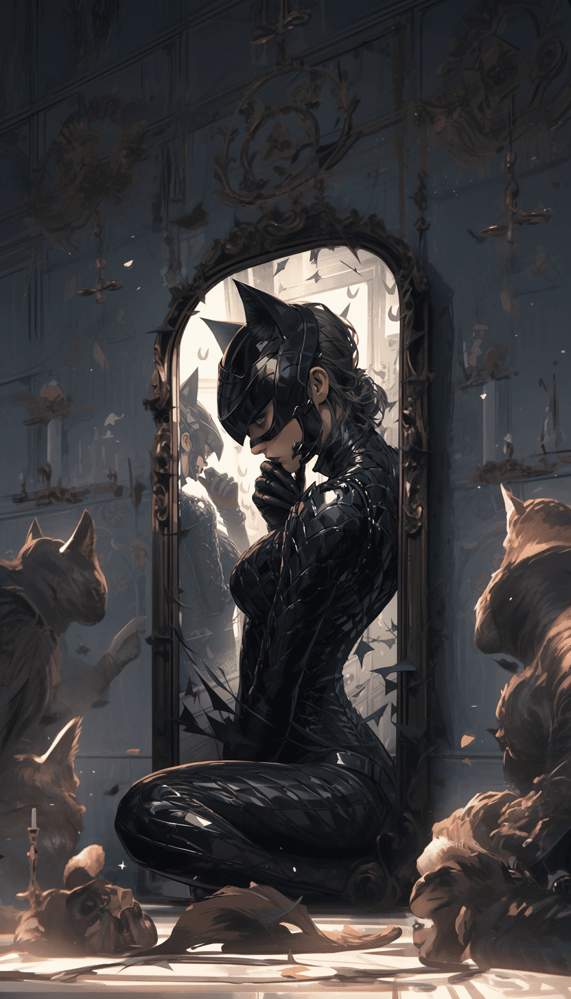 Midjourney prompt: Catwoman looks into a broken mirror, amazing body ... - Midjourney