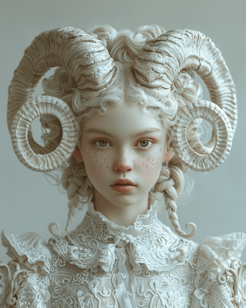 Midjourney prompt: A girl with horns, white marble skin and braided h... - Midjourney