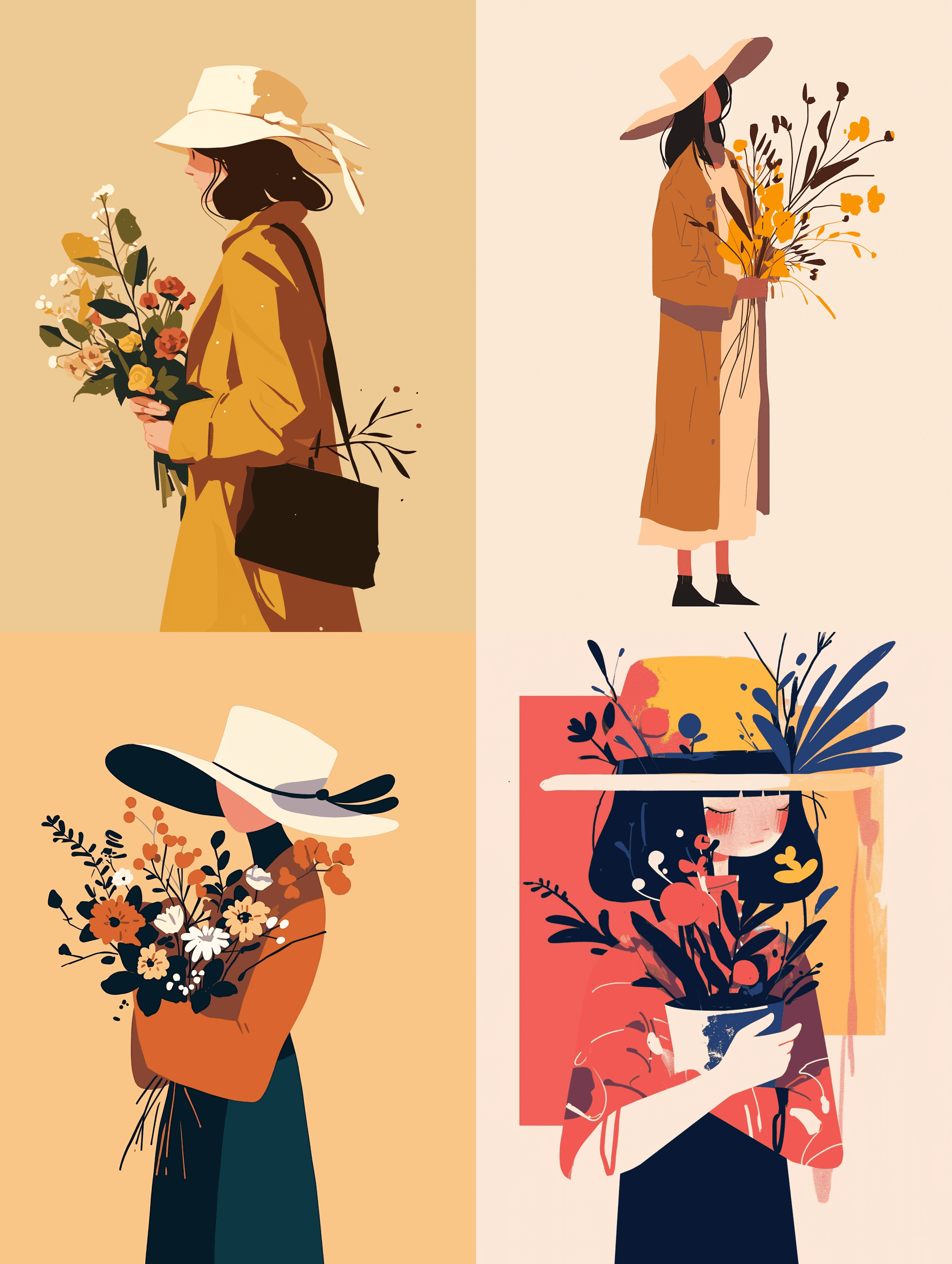 Midjourney prompt: A flat illustration of a girl wearing a hat and ho... - Midjourney