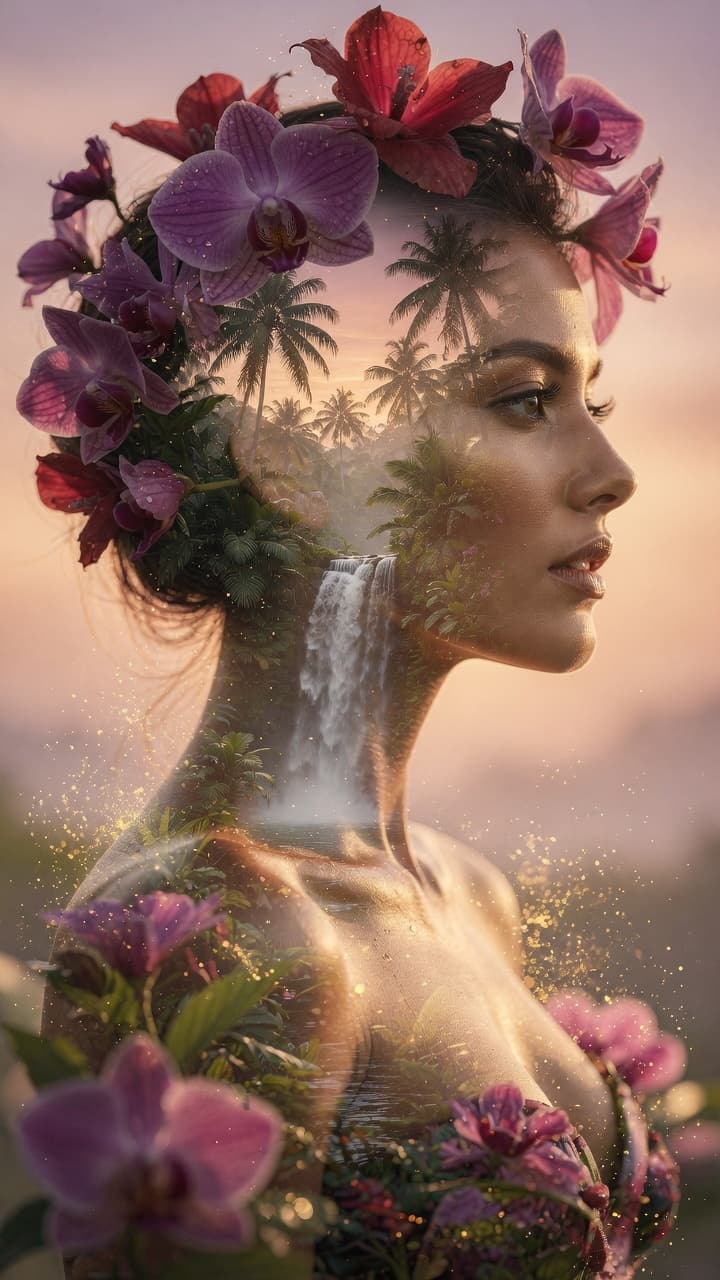 Double exposure: sensual woman with glowing sun-ki... - PromptHero