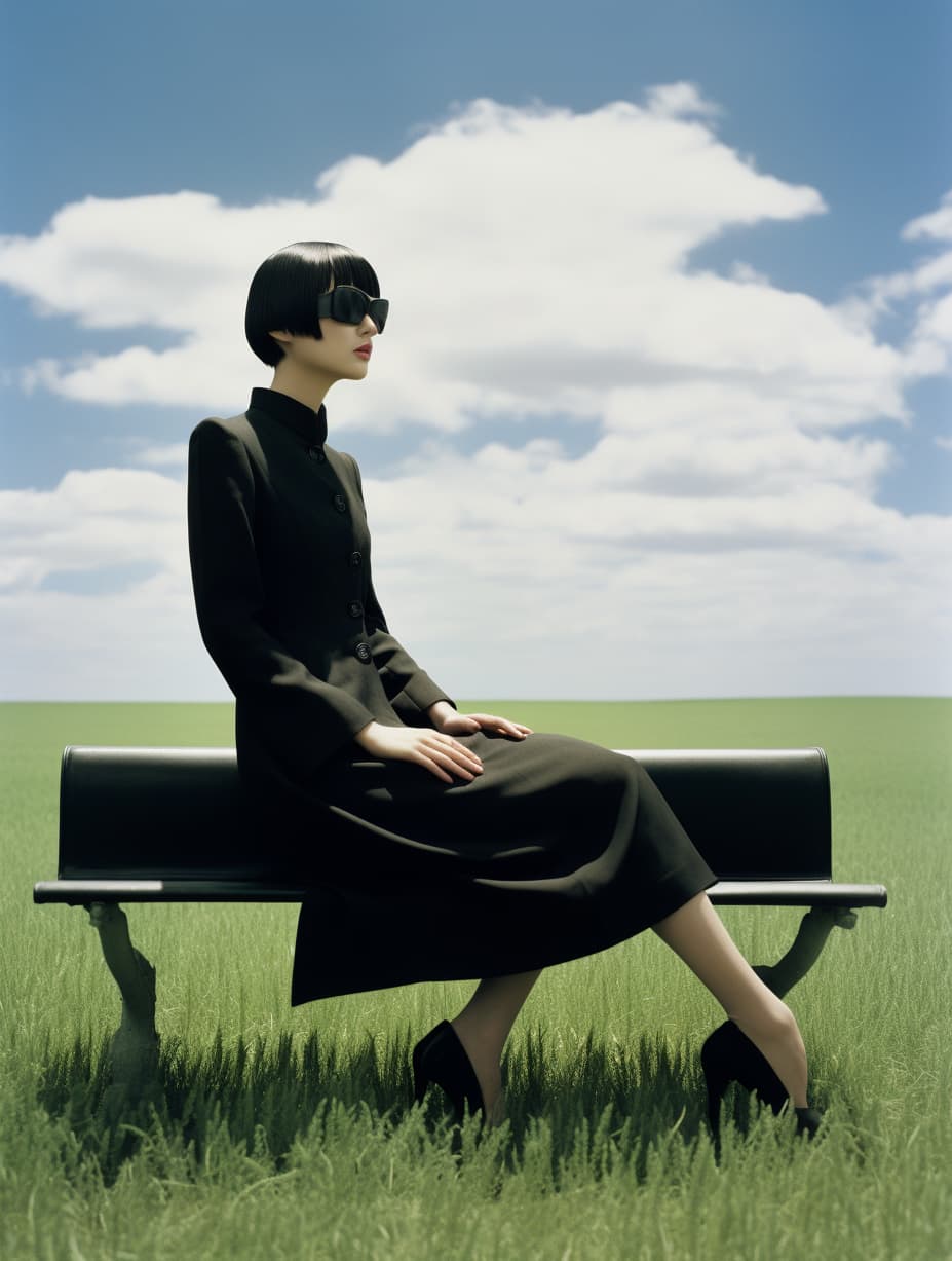 Midjourney prompt: a woman sitting on a bench , an album cover, inspi... - Midjourney