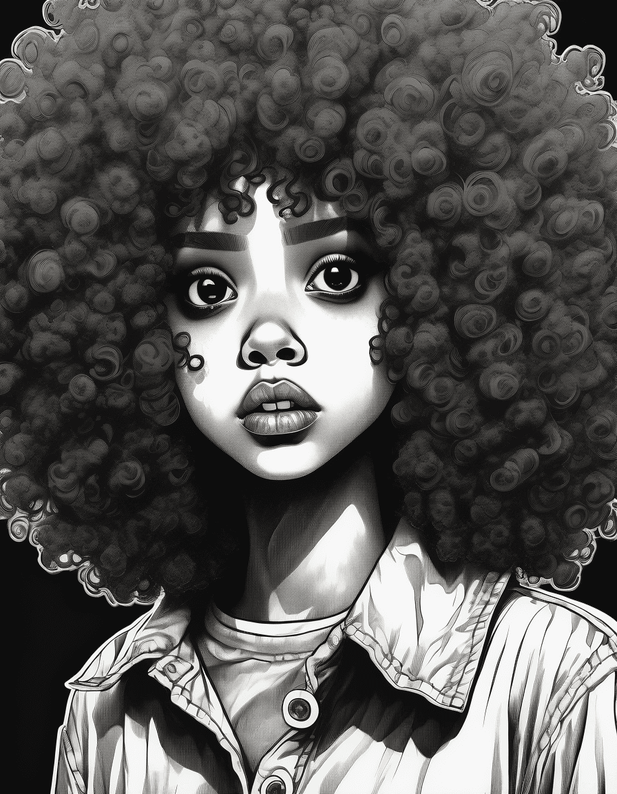 Stable Diffusion prompt: Black and white drawing of a girl with a curly Af... - Stable Diffusion