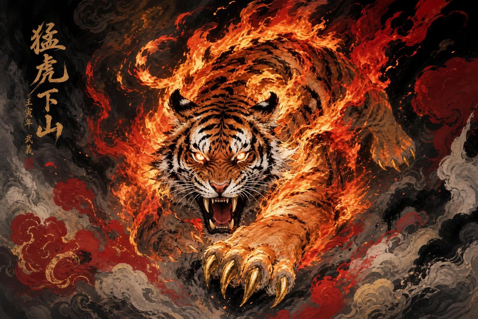 ChatGPT Image prompt: Chinese ink wash art style, a ferocious tiger with... - ChatGPT Image