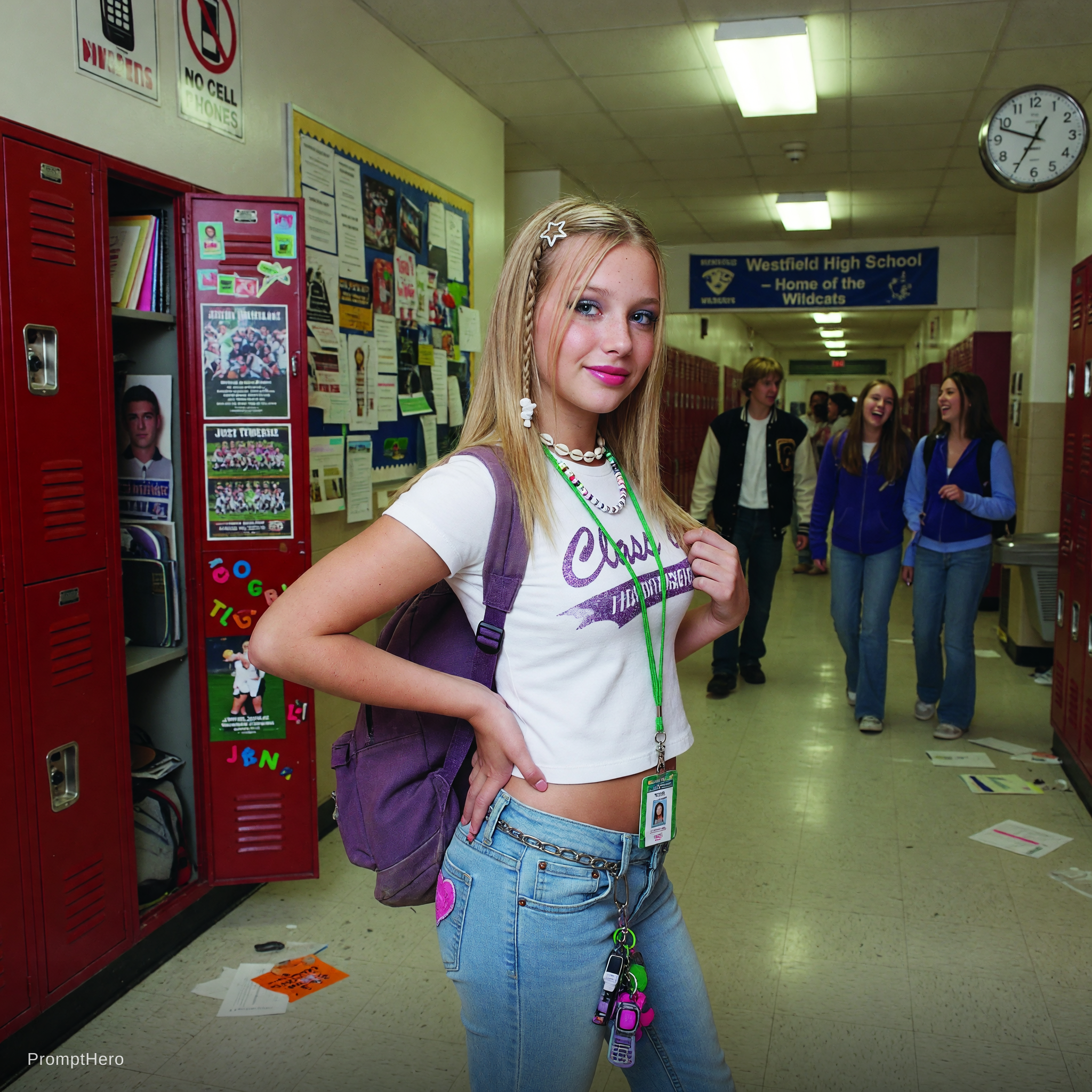 Grok Image prompt: A young teen girl blonde poses in her high school - Grok Image