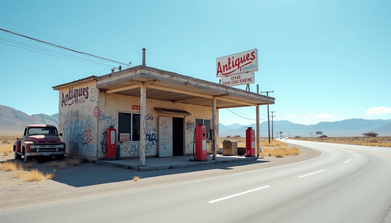 FLUX prompt: The image shows an old, dilapidated gas station on... - FLUX
