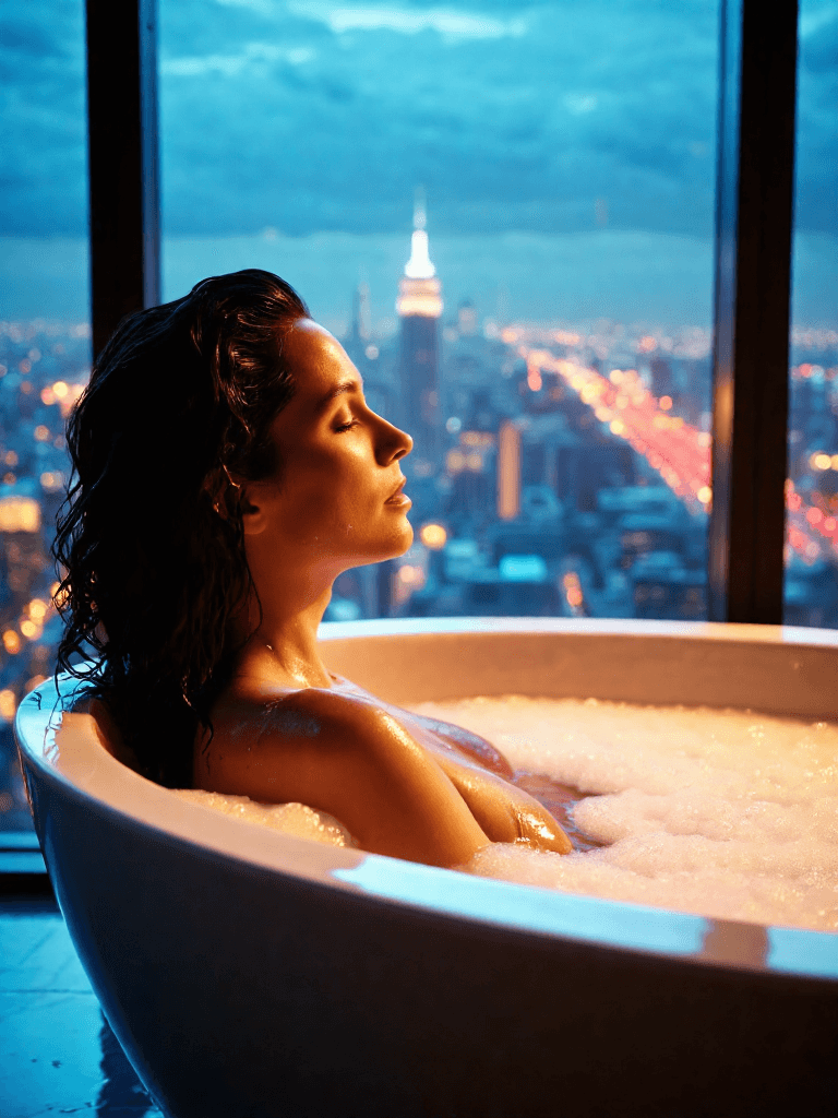 FLUX prompt: A woman relaxing in a luxurious bubble bath in a m... - FLUX
