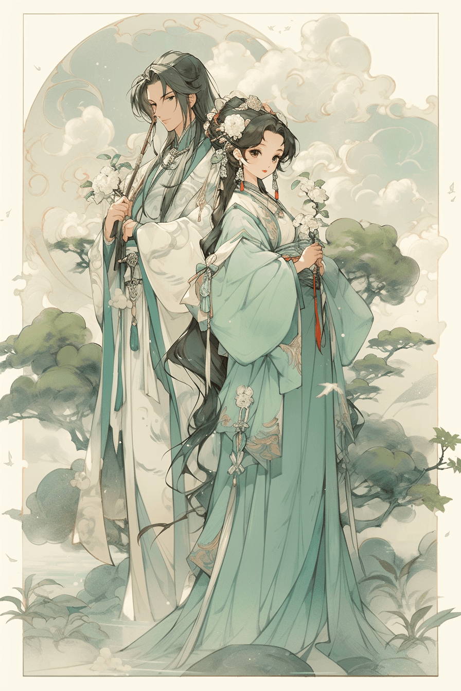 Midjourney prompt: A man and a woman standing together, surrounded by... - Midjourney