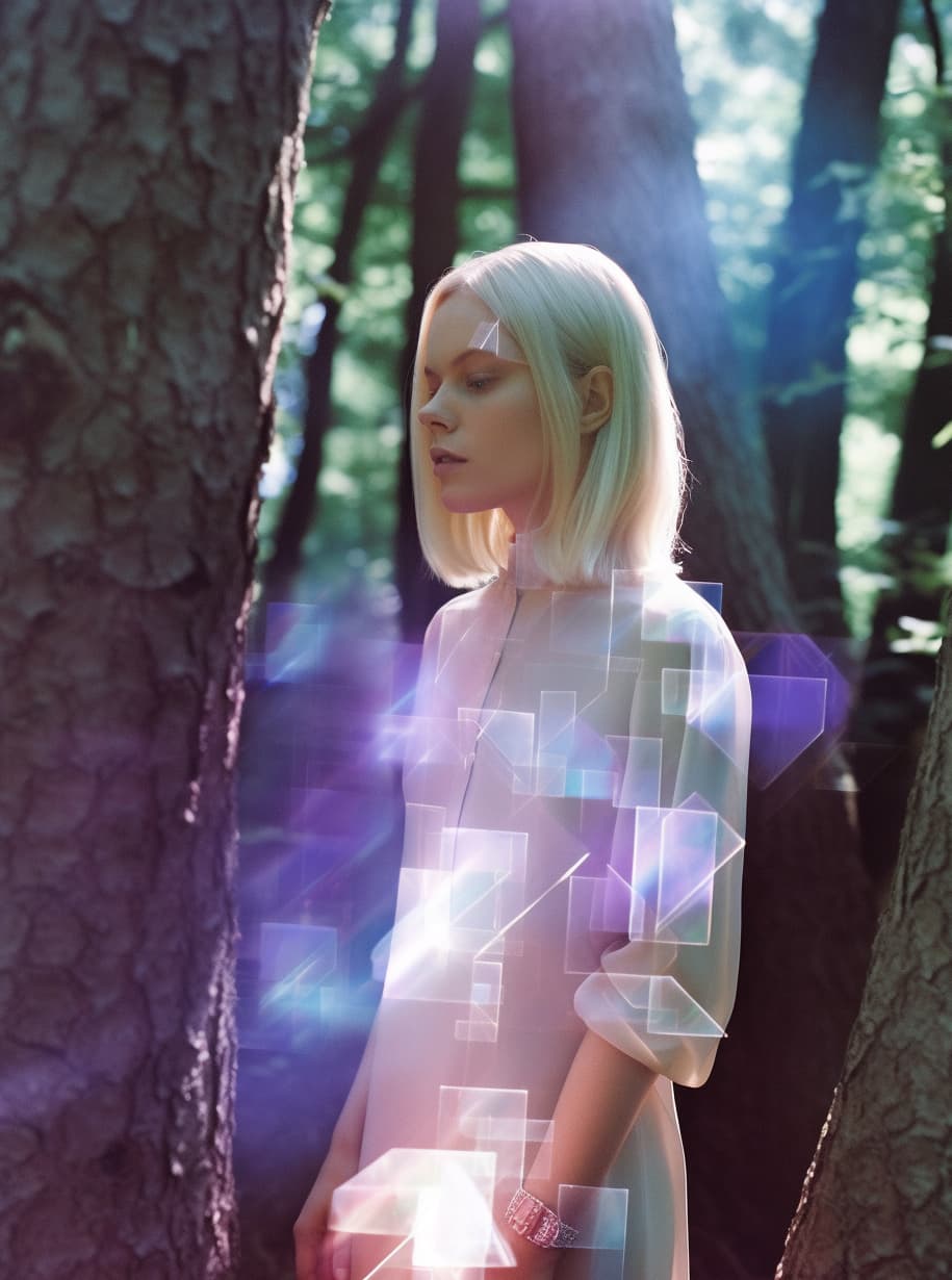 Midjourney prompt: a woman standing next to a tree in a forest, dichr... - Midjourney
