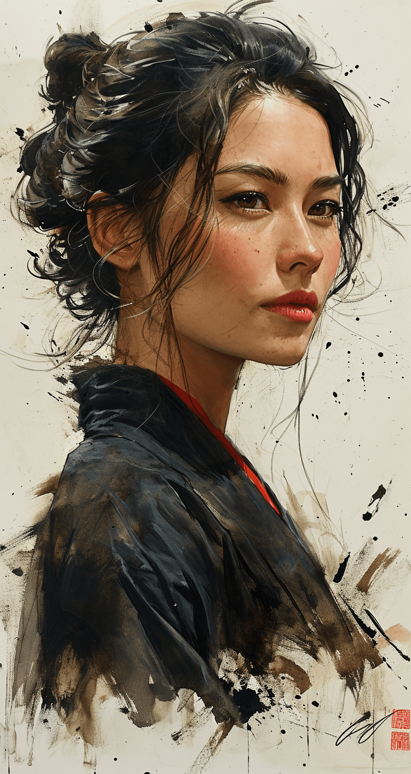 Midjourney prompt: Japanese ink drawing of a stunning Japanese woman,... - Midjourney