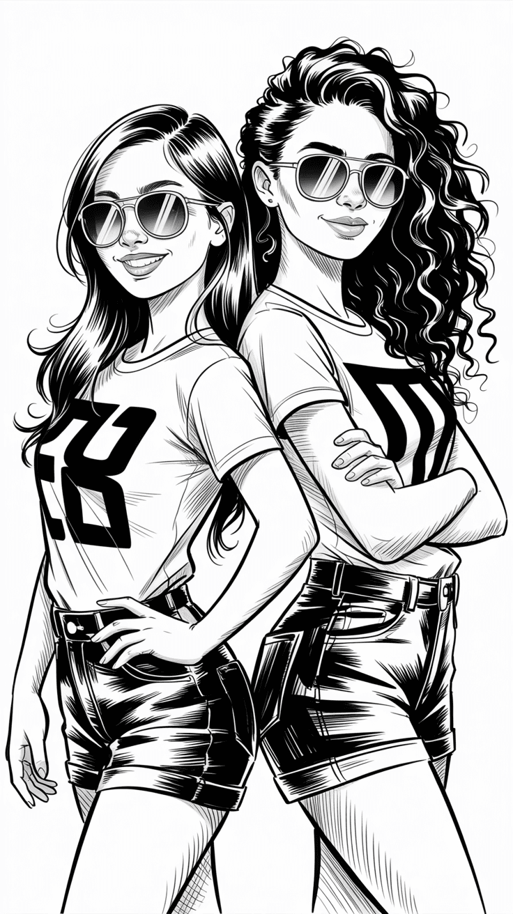 Ideogram prompt: Black and white ink sketch of two young women, one... - Ideogram