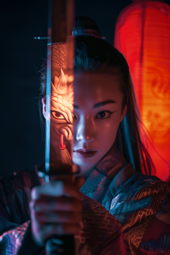 Midjourney prompt: beautiful Japanese female warrior is holding a ref... - Midjourney