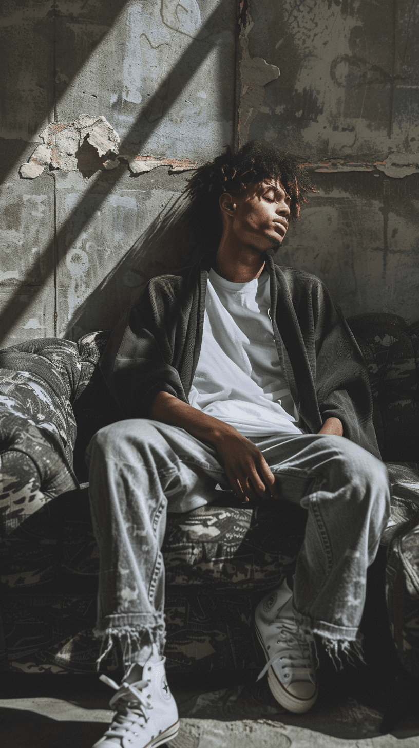 Midjourney prompt: capture a man lounging on a worn camouflage textur... - Midjourney
