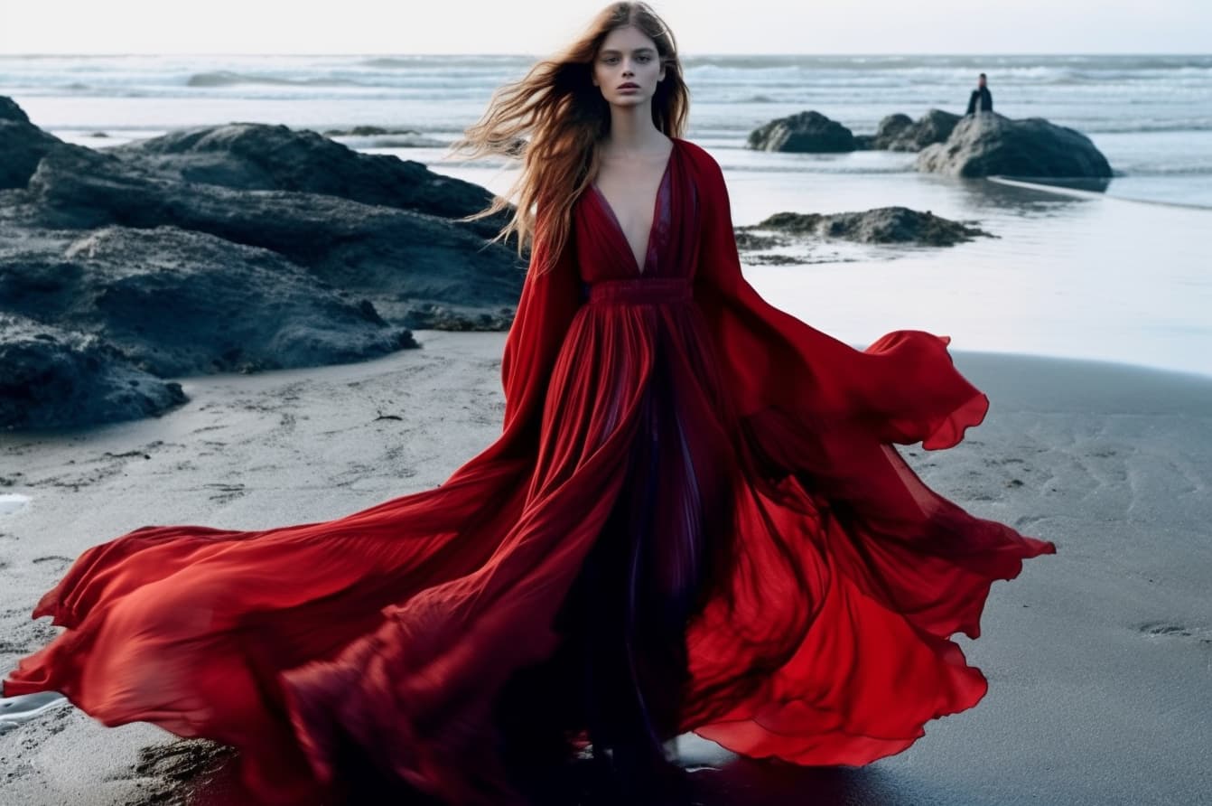 Midjourney prompt: a woman in a red dress walking on a beach, a pictu... - Midjourney