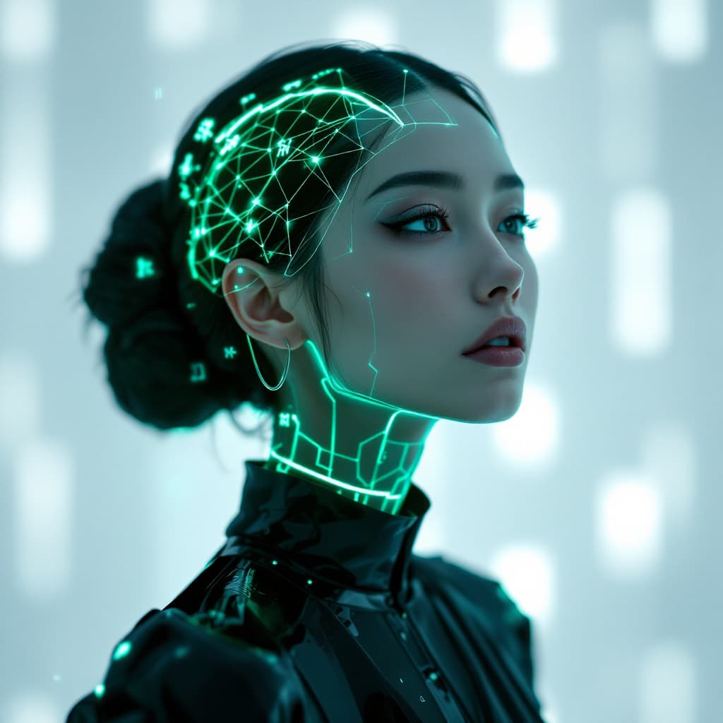 FLUX prompt: Portrait futuriste et éthéré d'une femme avec une ... - FLUX