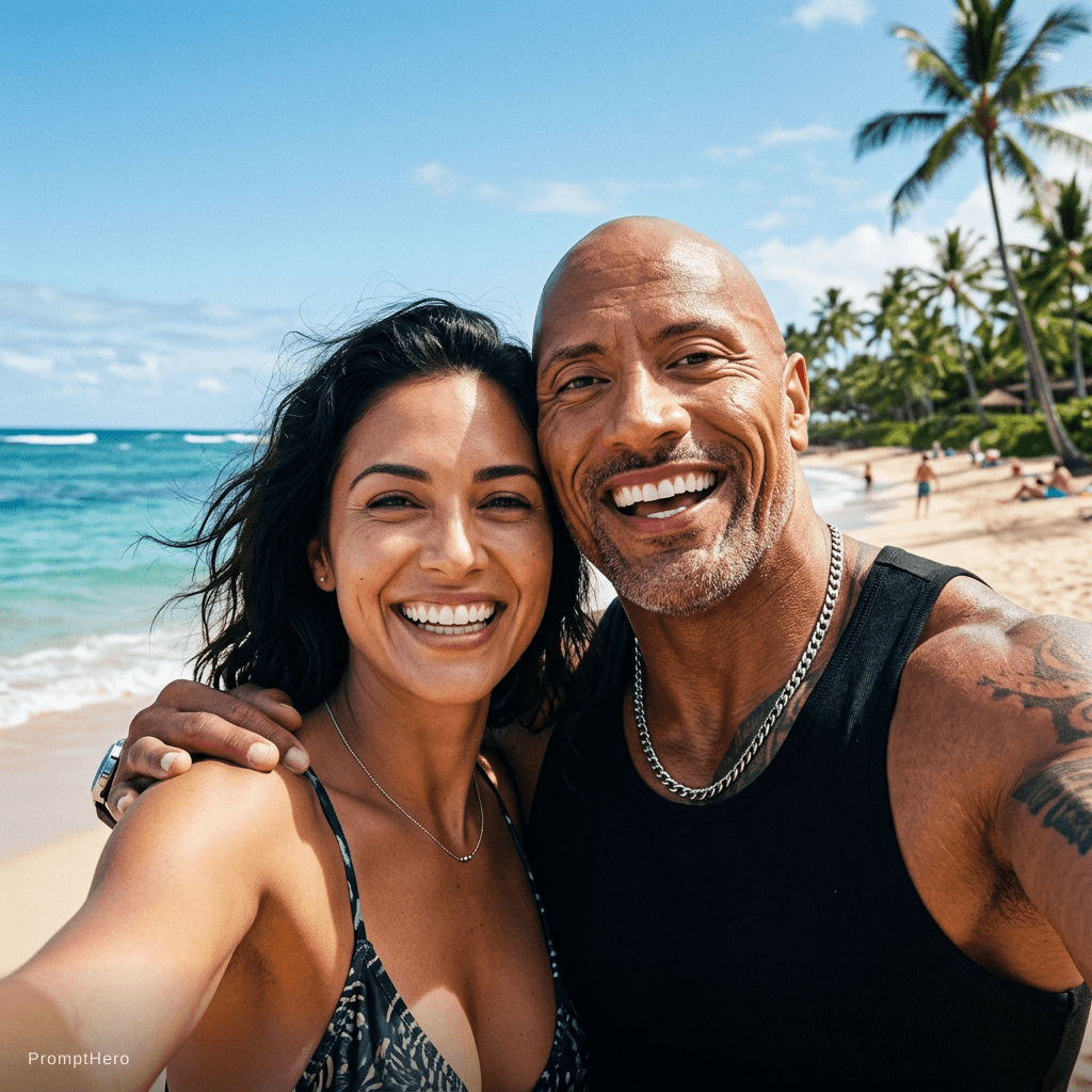 Nano Banana prompt: with Dwayne Johnson at a tropical beach, sunny day... - Nano Banana