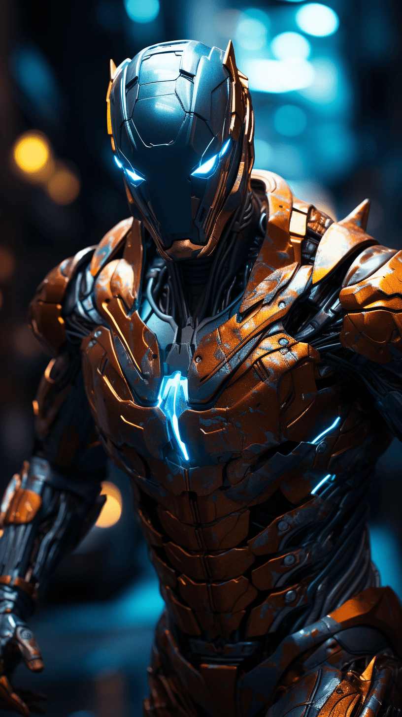 Midjourney prompt: a man dressed in iron man armor standing in the da... - Midjourney