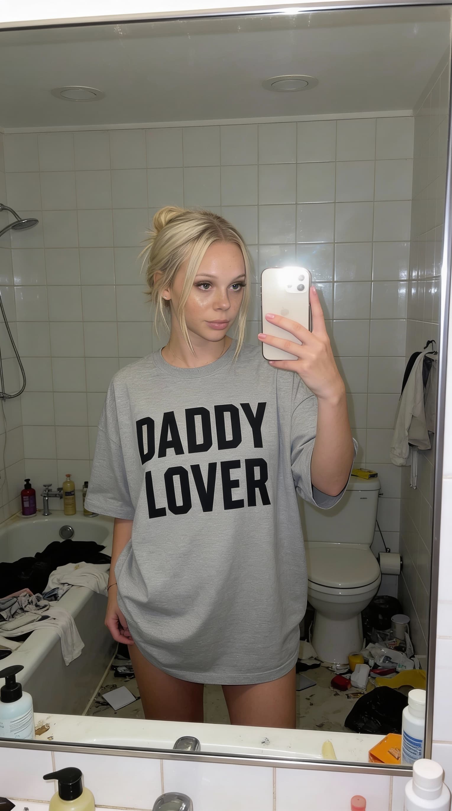 Seedream 4 prompt: mirror selfie, casul messy bathroom, grey oversiz... - Seedream 4
