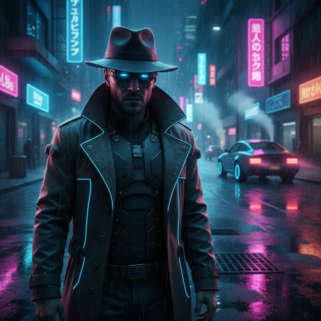 Cyber-Noir Rain Slicked Street AI Portrait