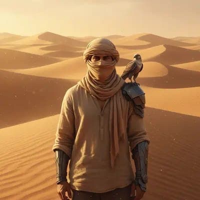 صورة غروب الشمس الناعمة في الصحراء البدوية AI - MakeMyTrend