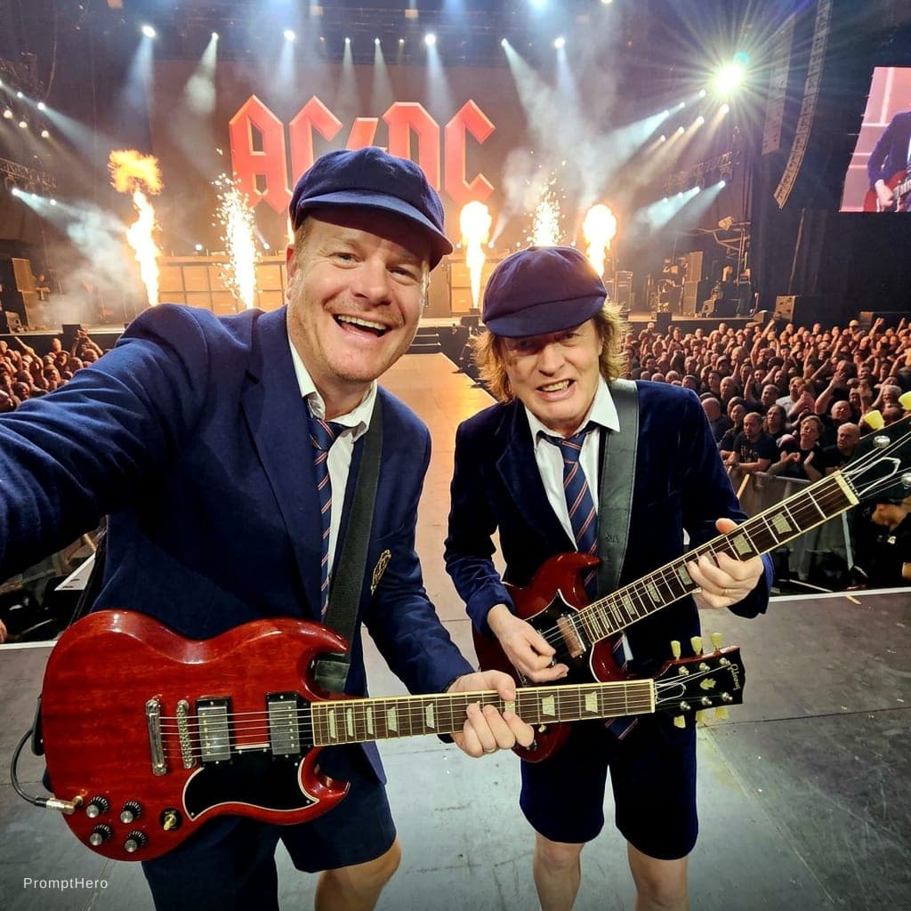 Nano Banana prompt: العزف على الجيتار مع Angus Young، على خشبة المسرح في...