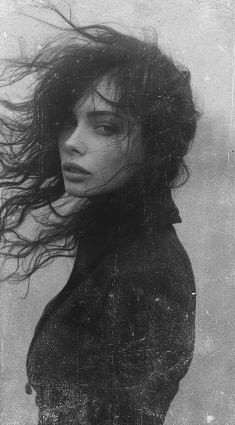 Midjourney prompt: a woman with long wild hair on a windy day, in the...