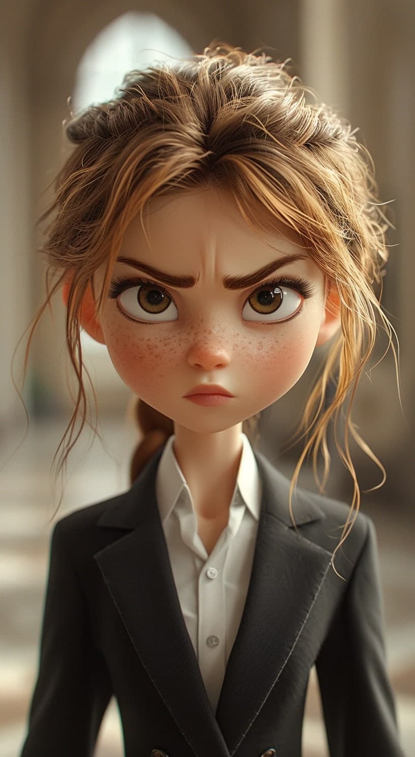 Midjourney prompt: a young girl in a business suit with a very angry ...