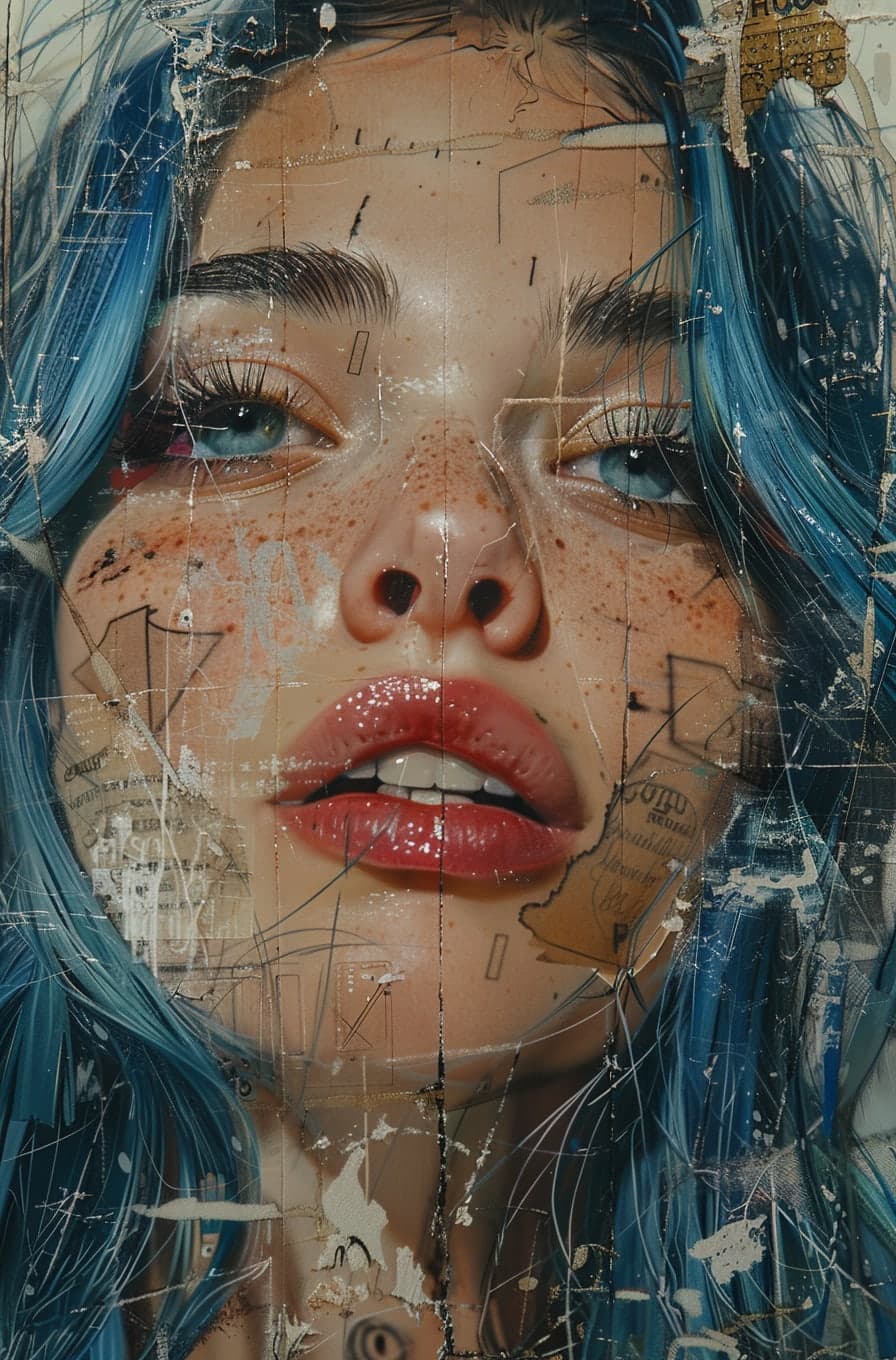 Midjourney prompt: woman with blue hair, in the style of multi-layere... - Midjourney