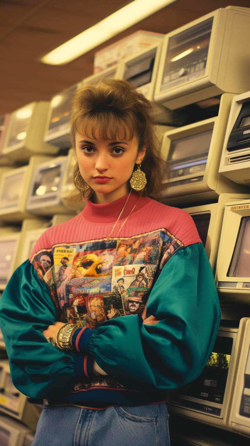 Midjourney prompt: Kooky portraits of 90’s mall teens in retro clothi...