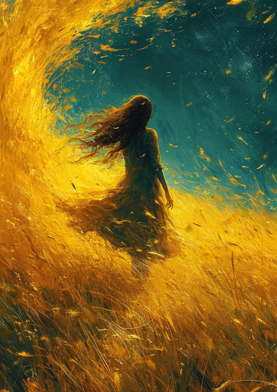 Midjourney prompt: a girl walking through a field, in the style of et...