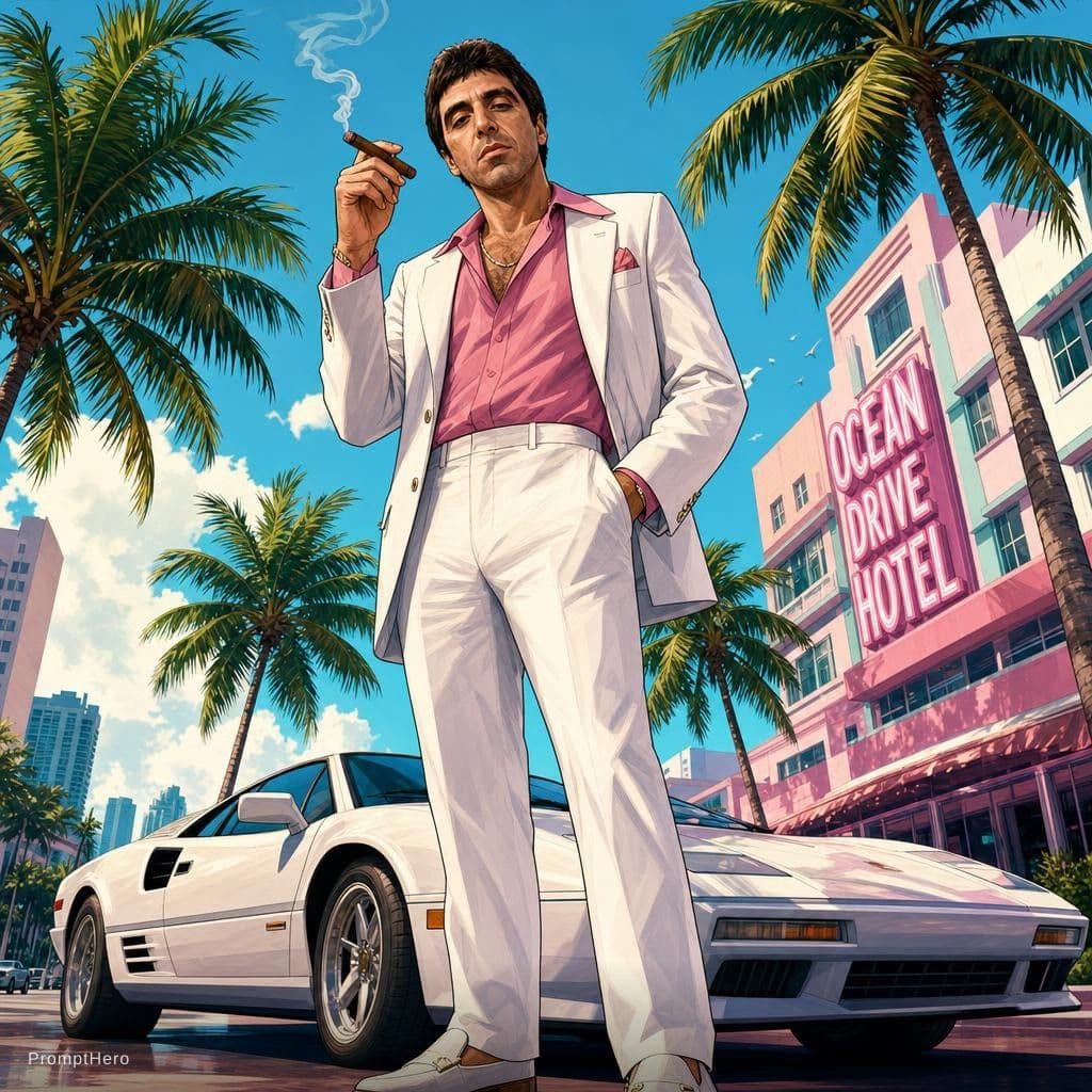 ChatGPT Image prompt: Full-body illustration of Al Pacino in a stylized ...