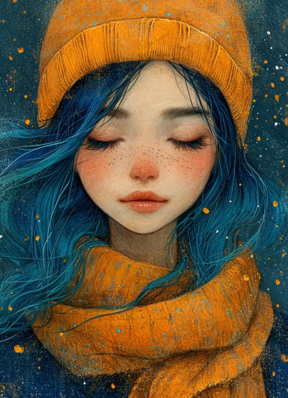 Midjourney prompt: a girl with blue hair with eyes closed, in the sty... - Midjourney