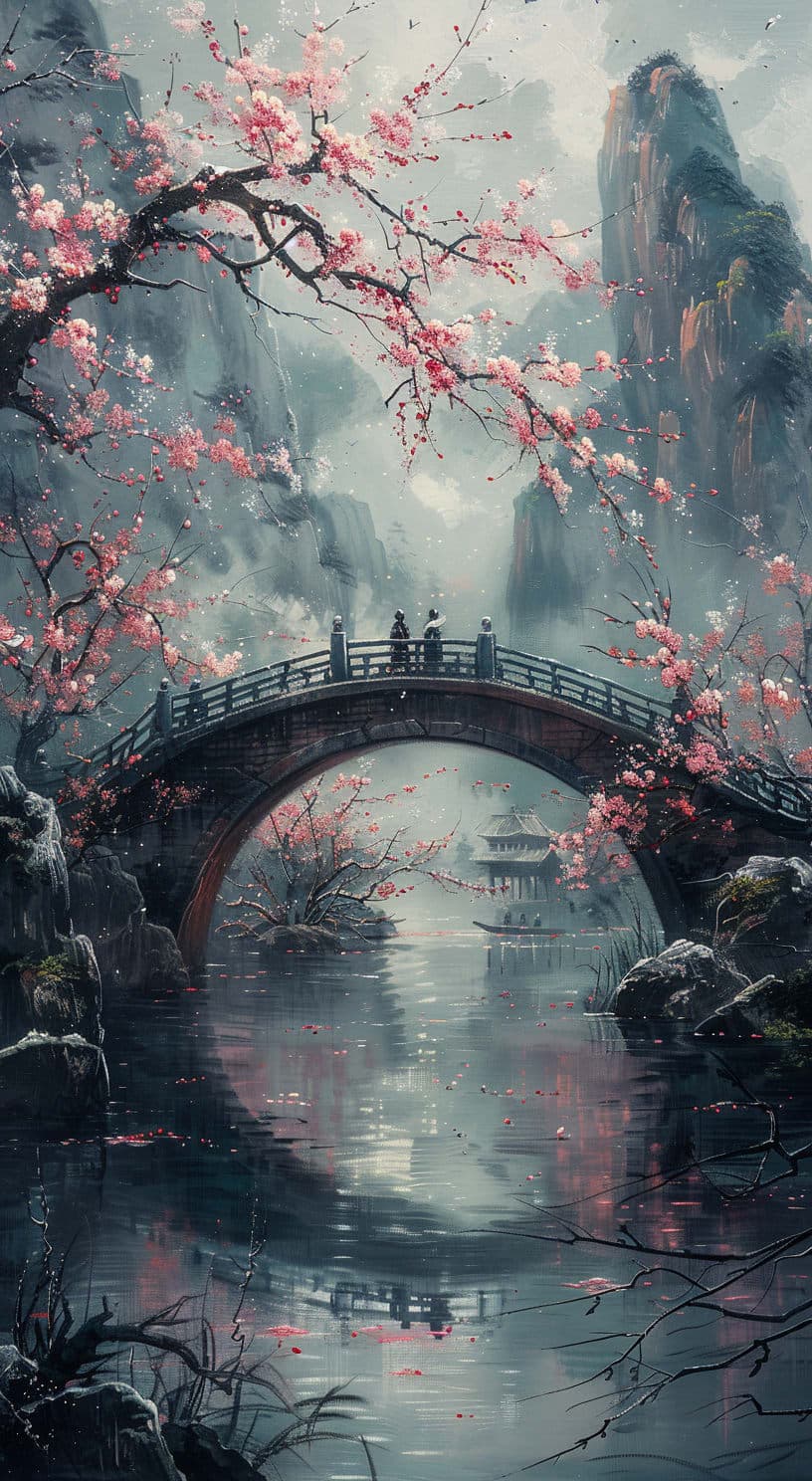 Midjourney prompt: two people walk the bridge under a large cherry bl... - Midjourney