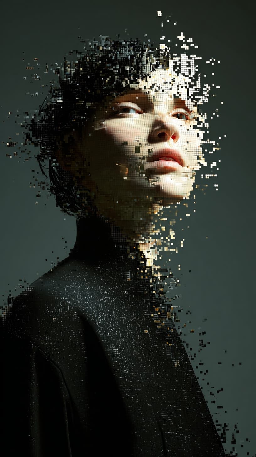 Midjourney Shatter prompt: portrait of a woman, front shot, gaze, avant-garde... - Midjourney Shatter