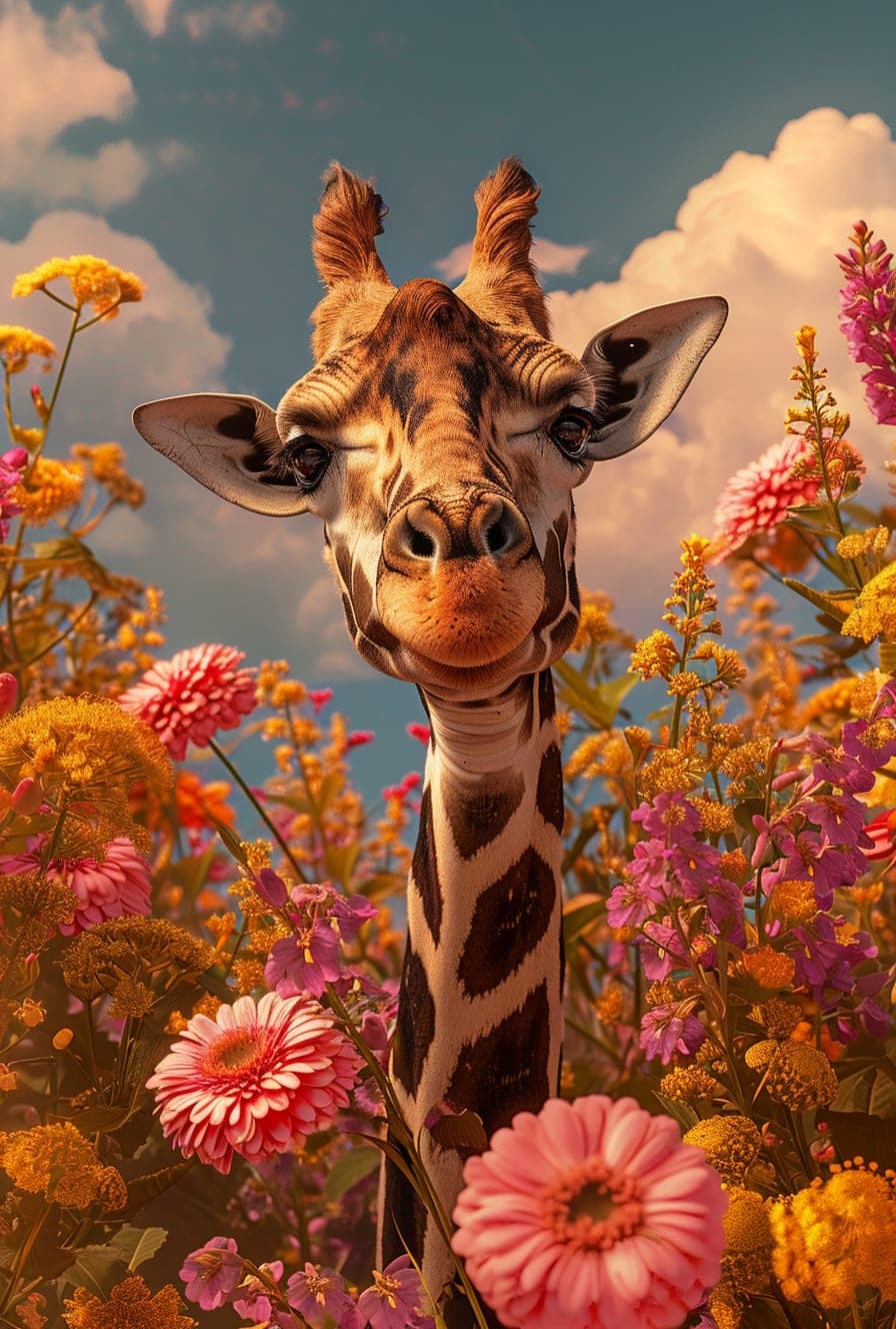 Midjourney prompt: giraffe in flowers by artist arne thun, in the sty...