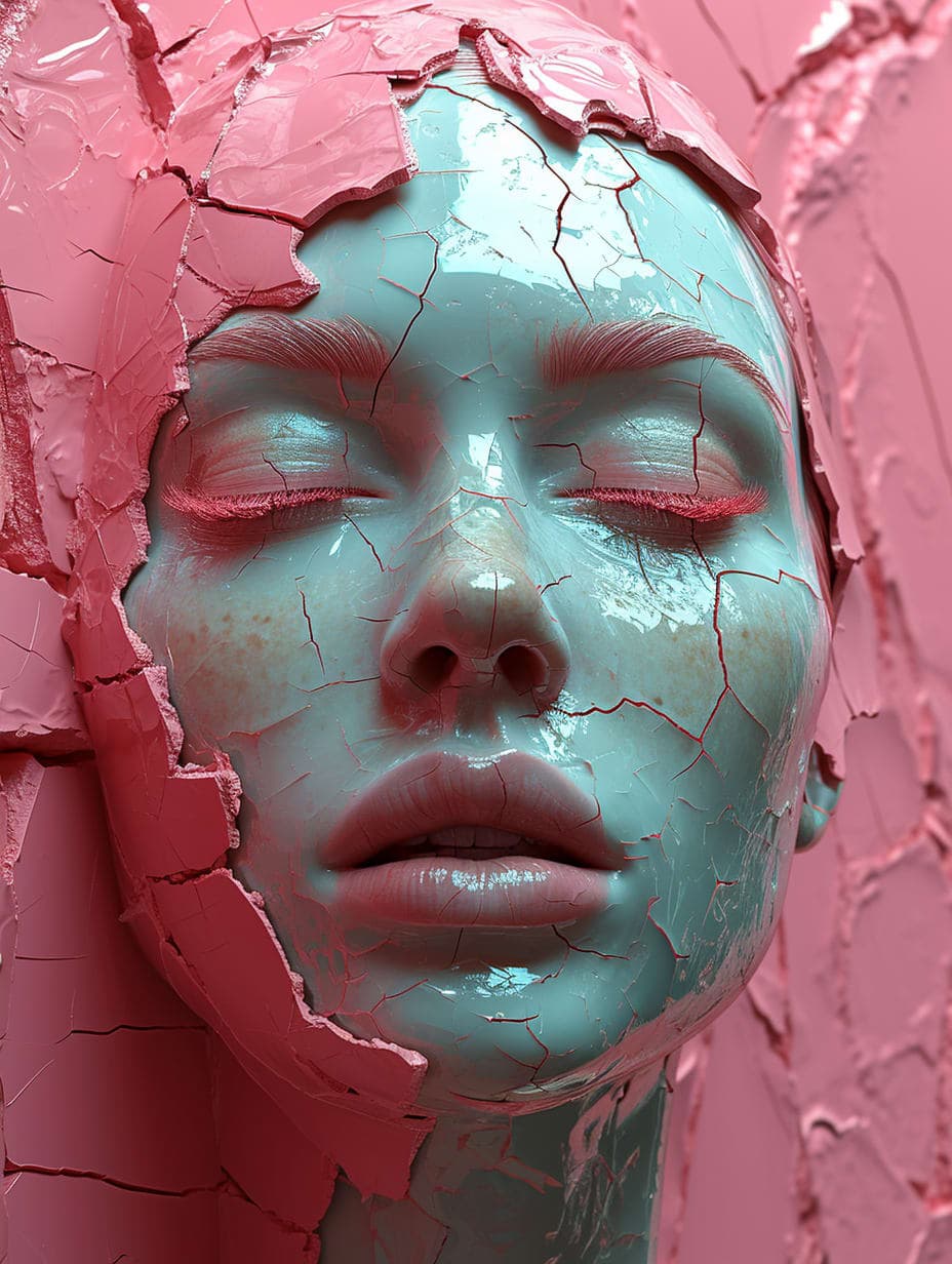 Midjourney prompt: woman bionic ceramic glossy pink face sculpture, p... - Midjourney