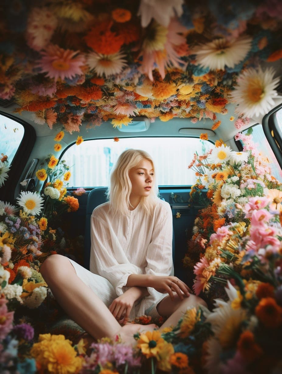 Midjourney prompt: a girl with white hair sitting in car filled withf...