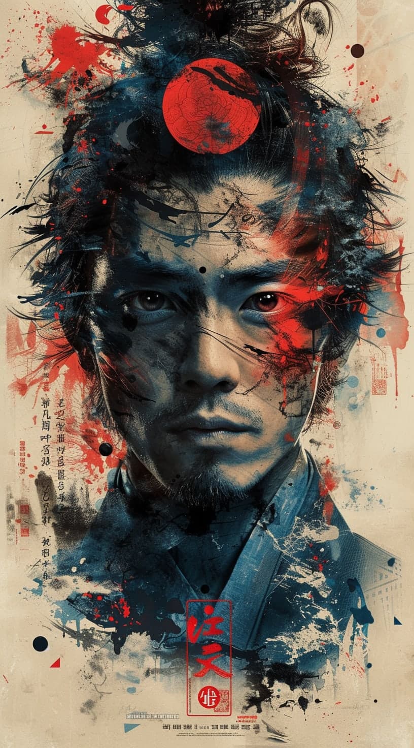 Midjourney prompt: movie poster, male character in black, white and b...