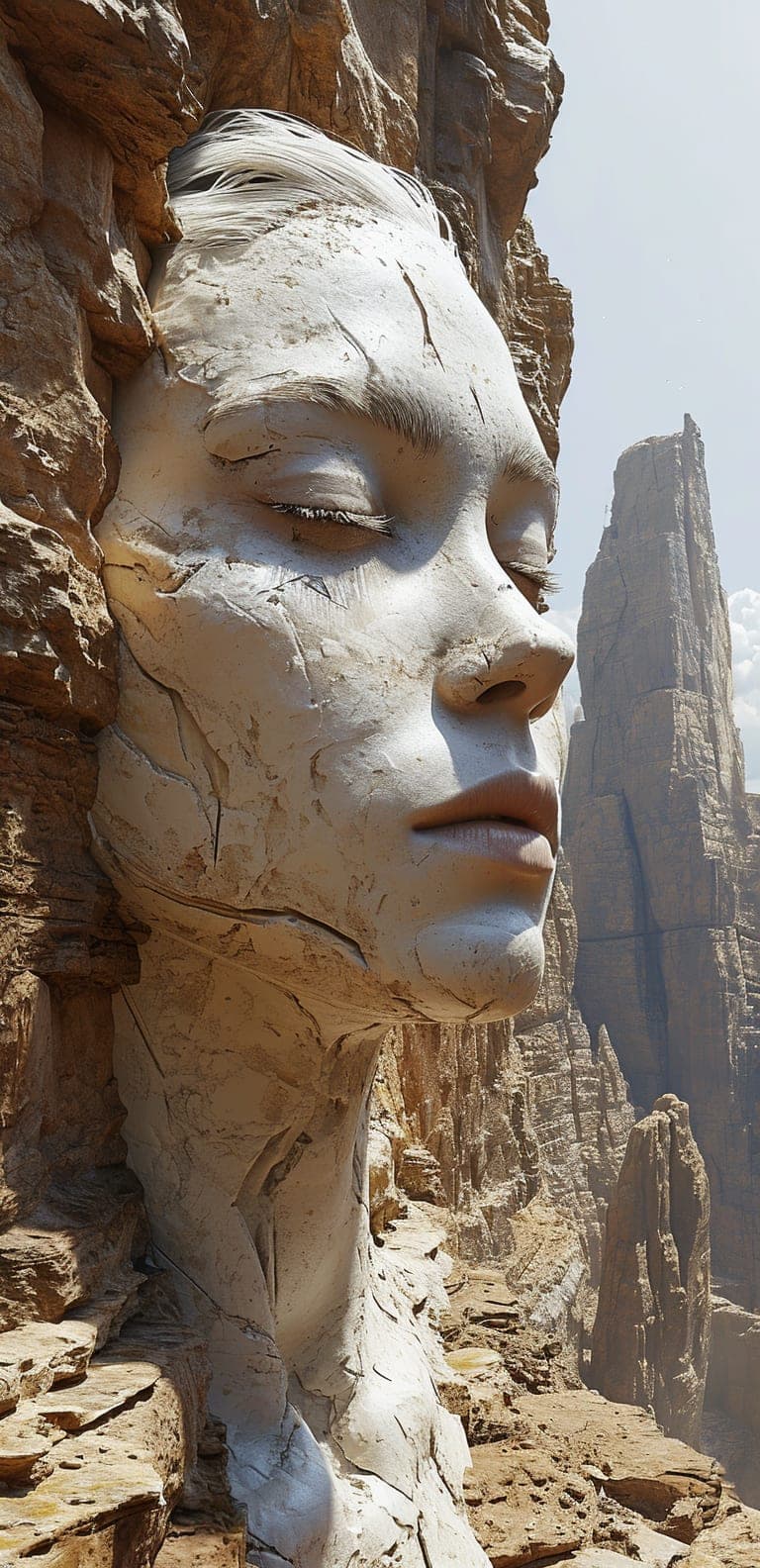 Midjourney prompt: art statue in cliffs, in the style of realistic hy...