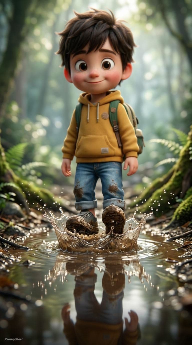 Nano Banana prompt: Cute stylized 3D little boy standing in a shallow ... - Nano Banana