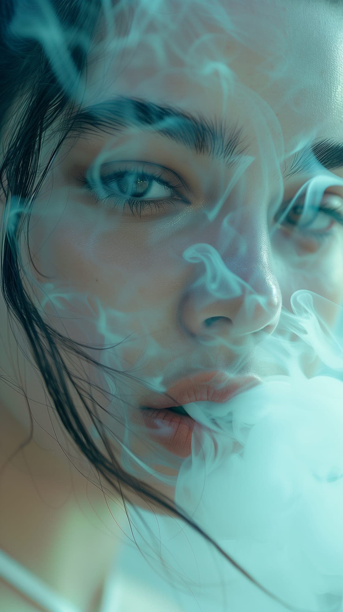 Midjourney prompt: close-up of a young woman with pale blue smoke cur... - Midjourney