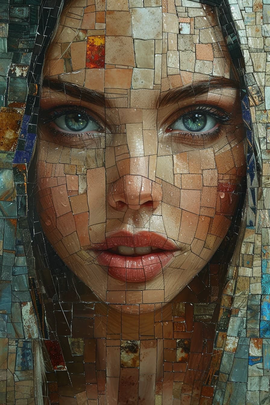 Midjourney prompt: a collage of women's faces in mosaic, in the style... - Midjourney