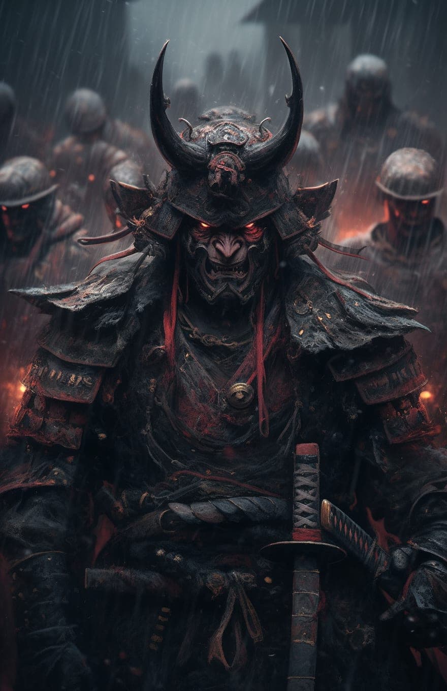 Midjourney prompt: Samurai looks at the enemy, stands after the battl...